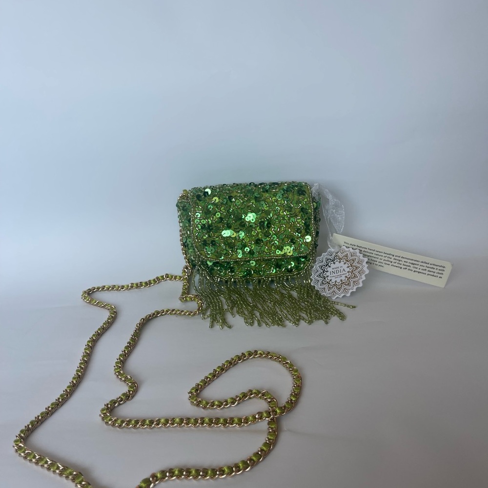 Green Sequin Mini Bag with Fringe and Gold Chain 😍